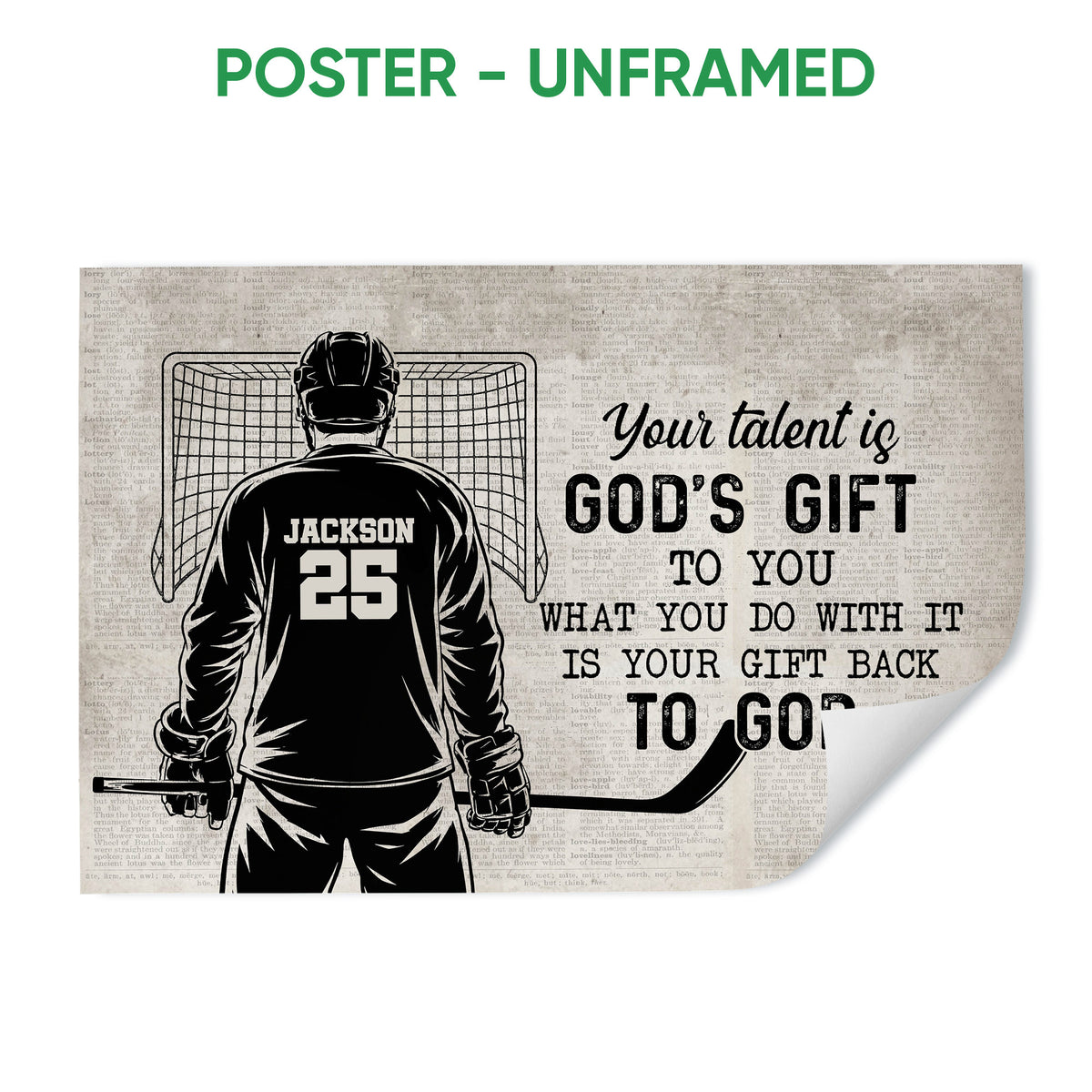 Unframed hockey poster featuring a goalie and net with a vintage dictionary-page background