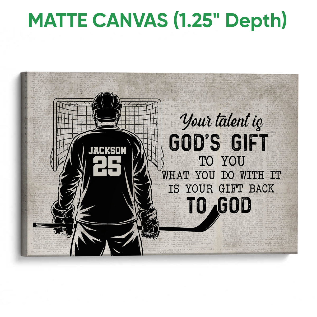 Matte canvas hockey wall art featuring a goalie, net, and bold inspirational message