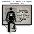 Black framed canvas hockey wall art with a goalie illustration and close-up frame detail