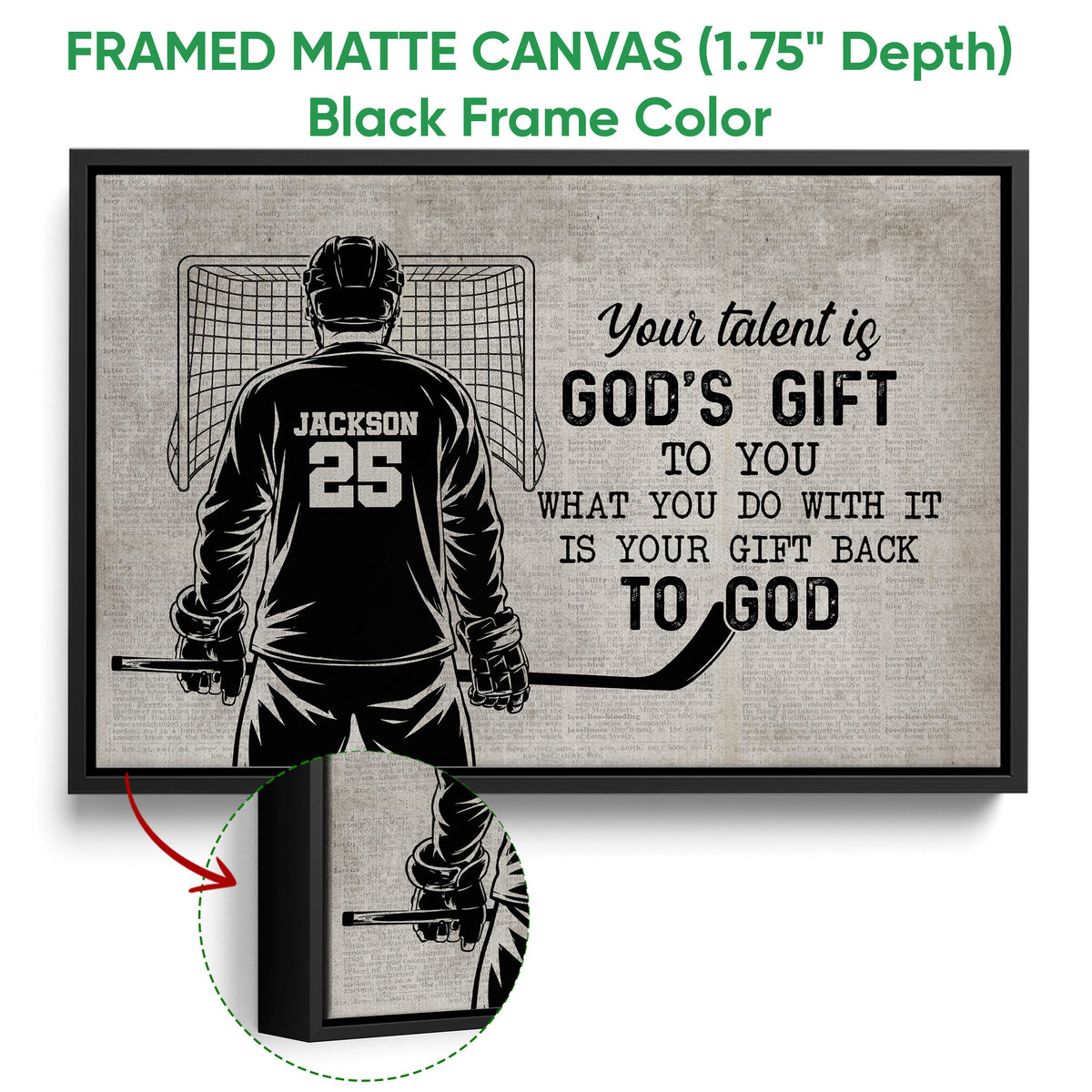 Black framed canvas hockey wall art with a goalie illustration and close-up frame detail
