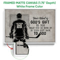 White framed canvas hockey wall art showing a goalie illustration and close-up frame detail