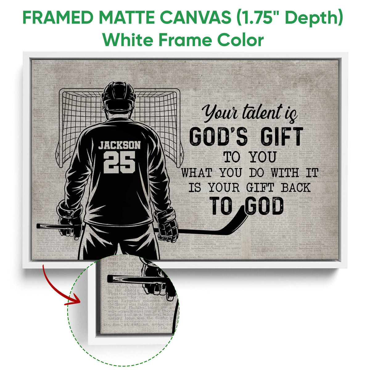 White framed canvas hockey wall art showing a goalie illustration and close-up frame detail