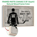 Natural wood framed canvas hockey wall art with a goalie and vintage inspirational design