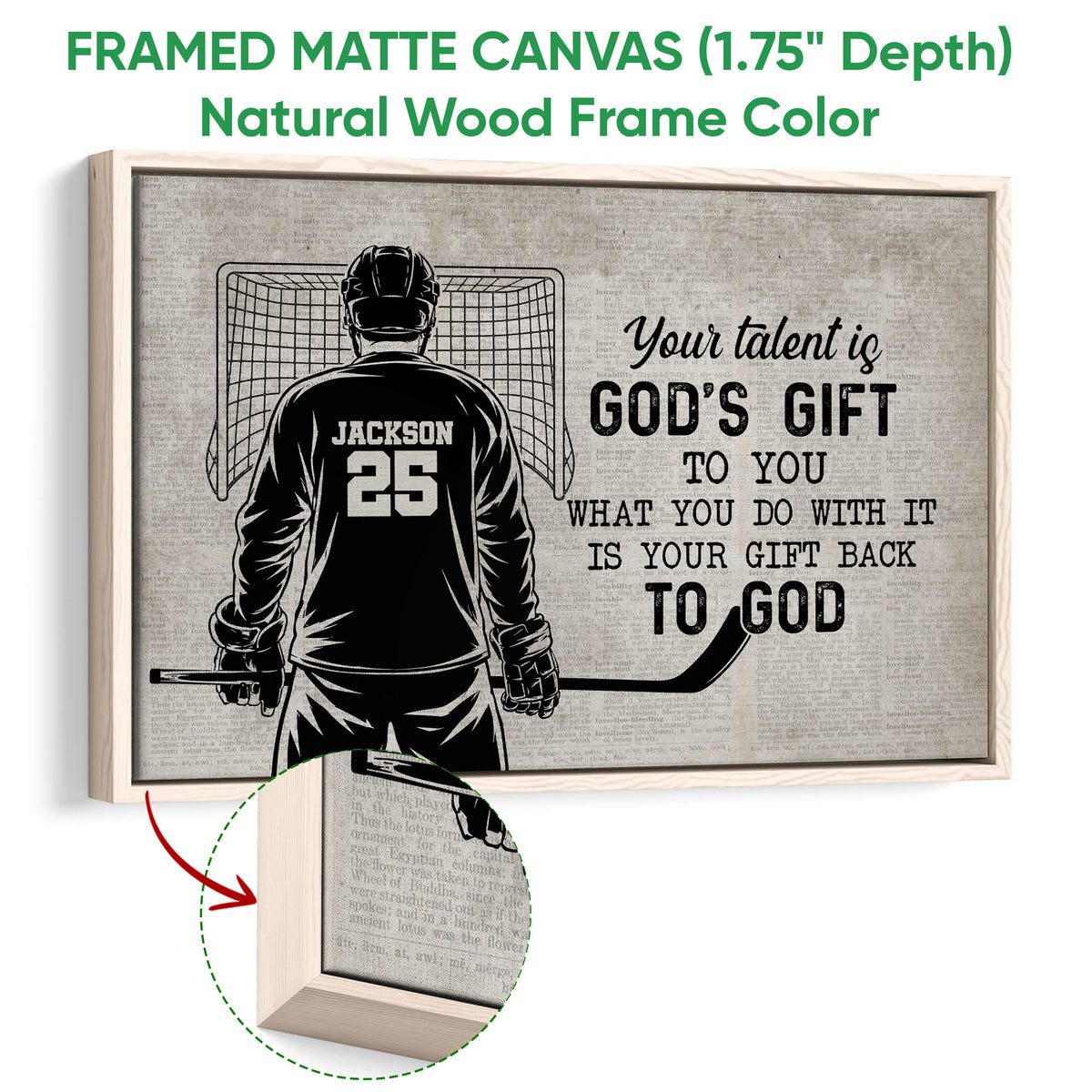 Natural wood framed canvas hockey wall art with a goalie and vintage inspirational design