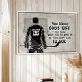 Framed hockey wall art displayed in a bright room with white paneled walls