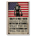 Framed football wall art featuring a player holding a ball against a distressed American flag