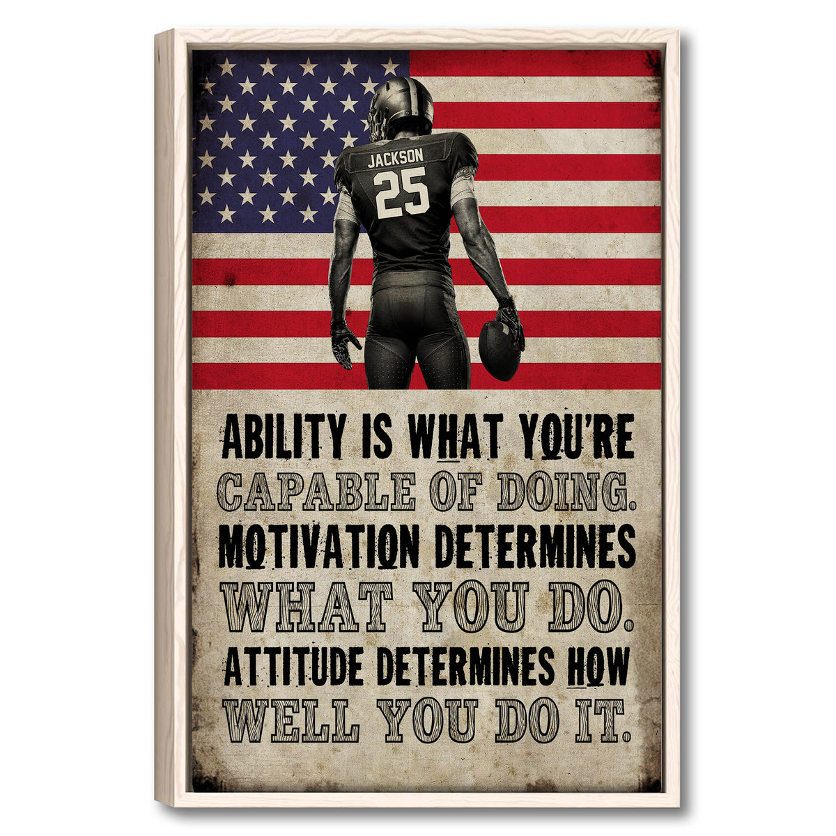 Framed football wall art featuring a player holding a ball against a distressed American flag