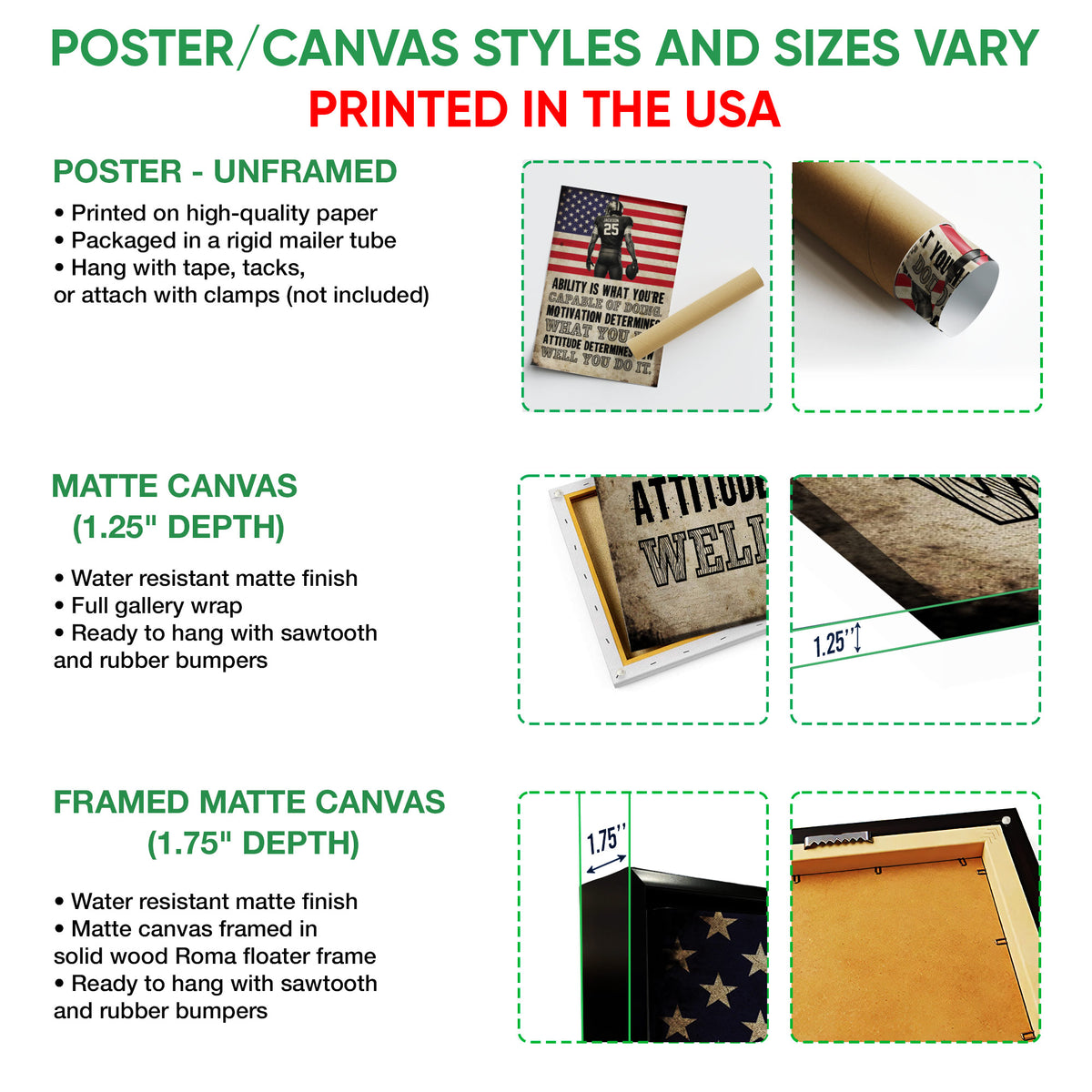 Poster and canvas wall art format guide showing unframed poster, matte canvas, and framed canvas examples