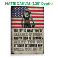 Matte canvas football wall art with a player holding a ball and distressed patriotic background