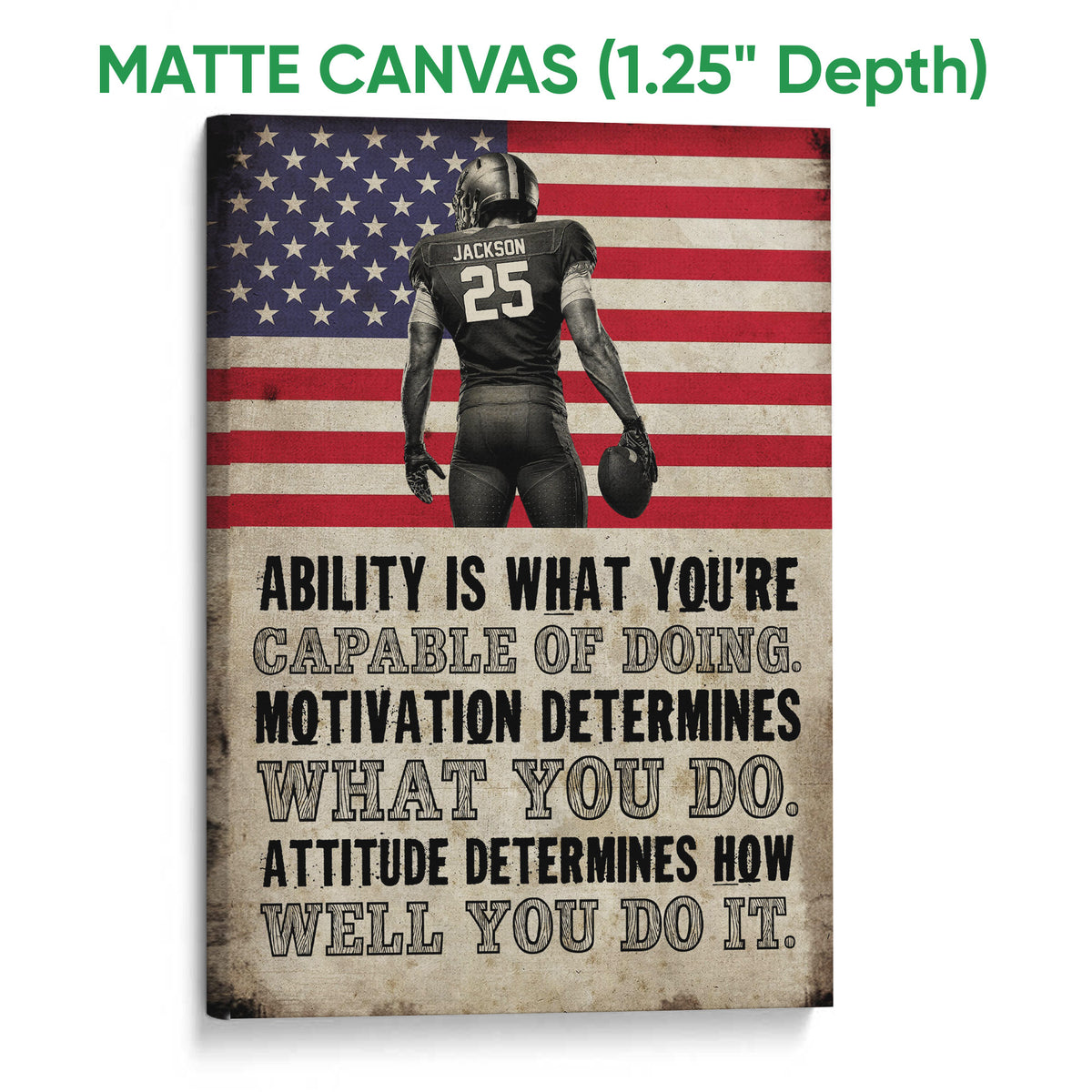 Matte canvas football wall art with a player holding a ball and distressed patriotic background