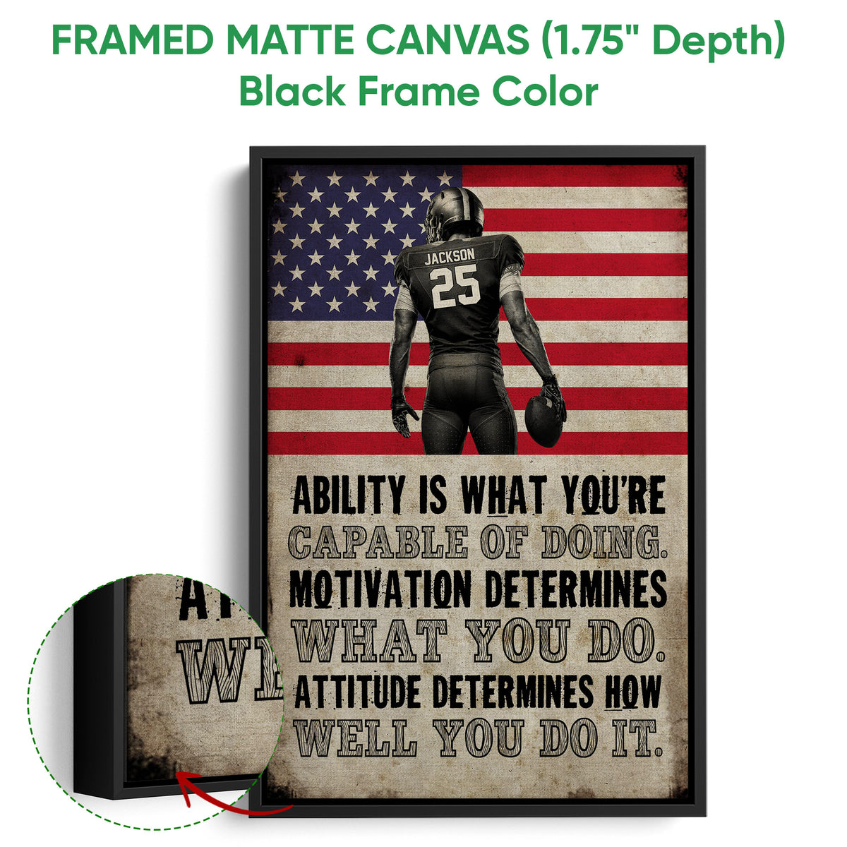 Framed football wall art shown with a black frame and motivational patriotic sports artwork