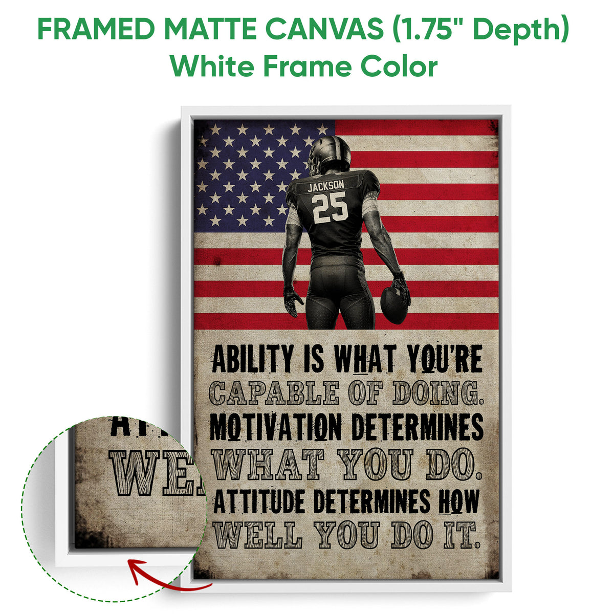 Framed football wall art shown with a white frame and American flag sports artwork