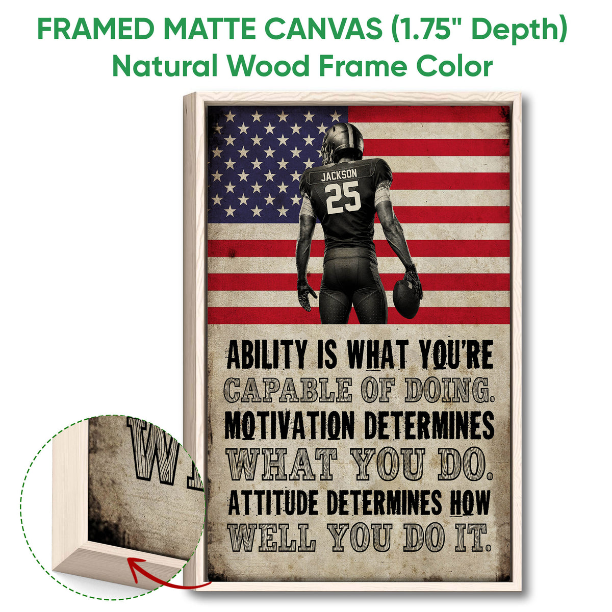 Framed football wall art shown with a natural wood frame and distressed patriotic design