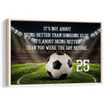 Framed soccer wall art featuring a stadium field, soccer ball, bold motivational typography, and green pitch