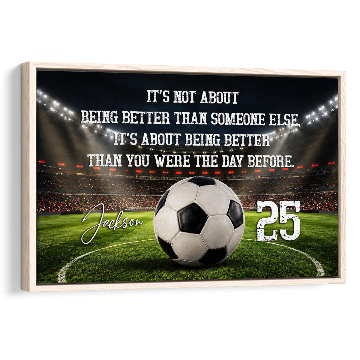 Framed soccer wall art featuring a stadium field, soccer ball, bold motivational typography, and green pitch