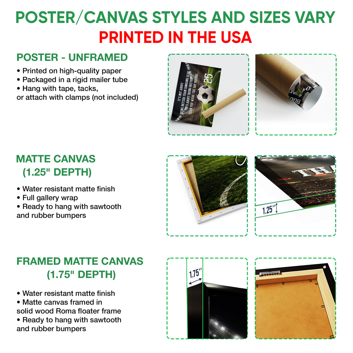 Soccer wall art option guide showing unframed poster, matte canvas, and framed canvas formats