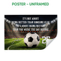 Unframed soccer poster featuring a stadium field, soccer ball, green pitch, and bold white typography