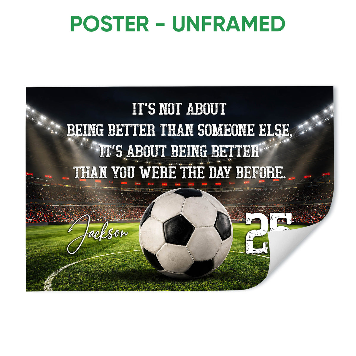 Unframed soccer poster featuring a stadium field, soccer ball, green pitch, and bold white typography
