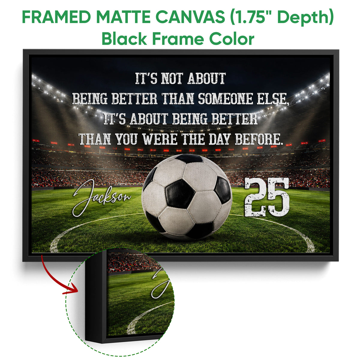 Black framed soccer canvas wall art with a stadium background, soccer ball, and green field