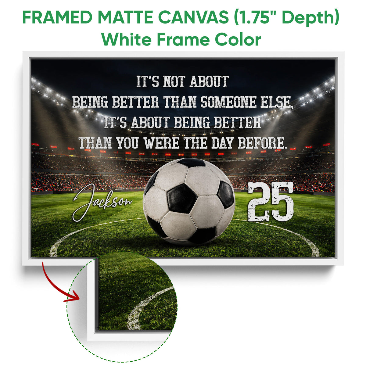 White framed soccer canvas wall art featuring a stadium, soccer ball, green field, and bold typography