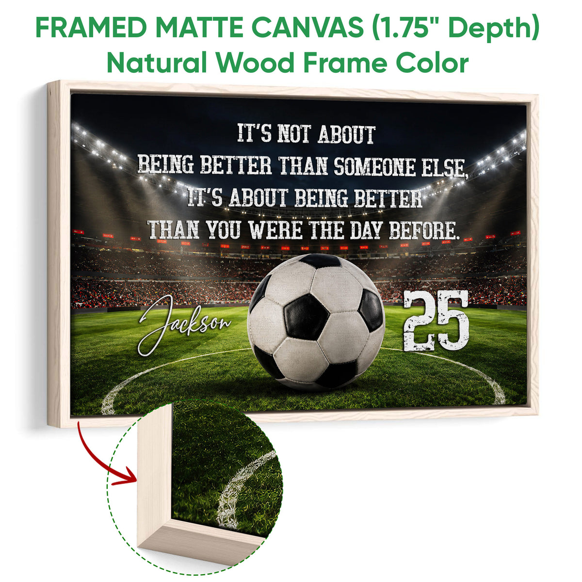 Natural wood framed soccer canvas featuring a stadium field, soccer ball, and motivational sports design