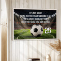 Framed soccer wall art displayed on a light wood accent wall in a bright home setting