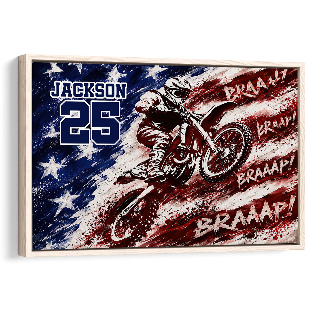 Framed motocross wall art with a dirt bike rider, bold navy and red artwork, and dramatic brushstroke styling