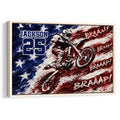 Framed motocross wall art with a dirt bike rider, bold navy and red artwork, and dramatic brushstroke styling