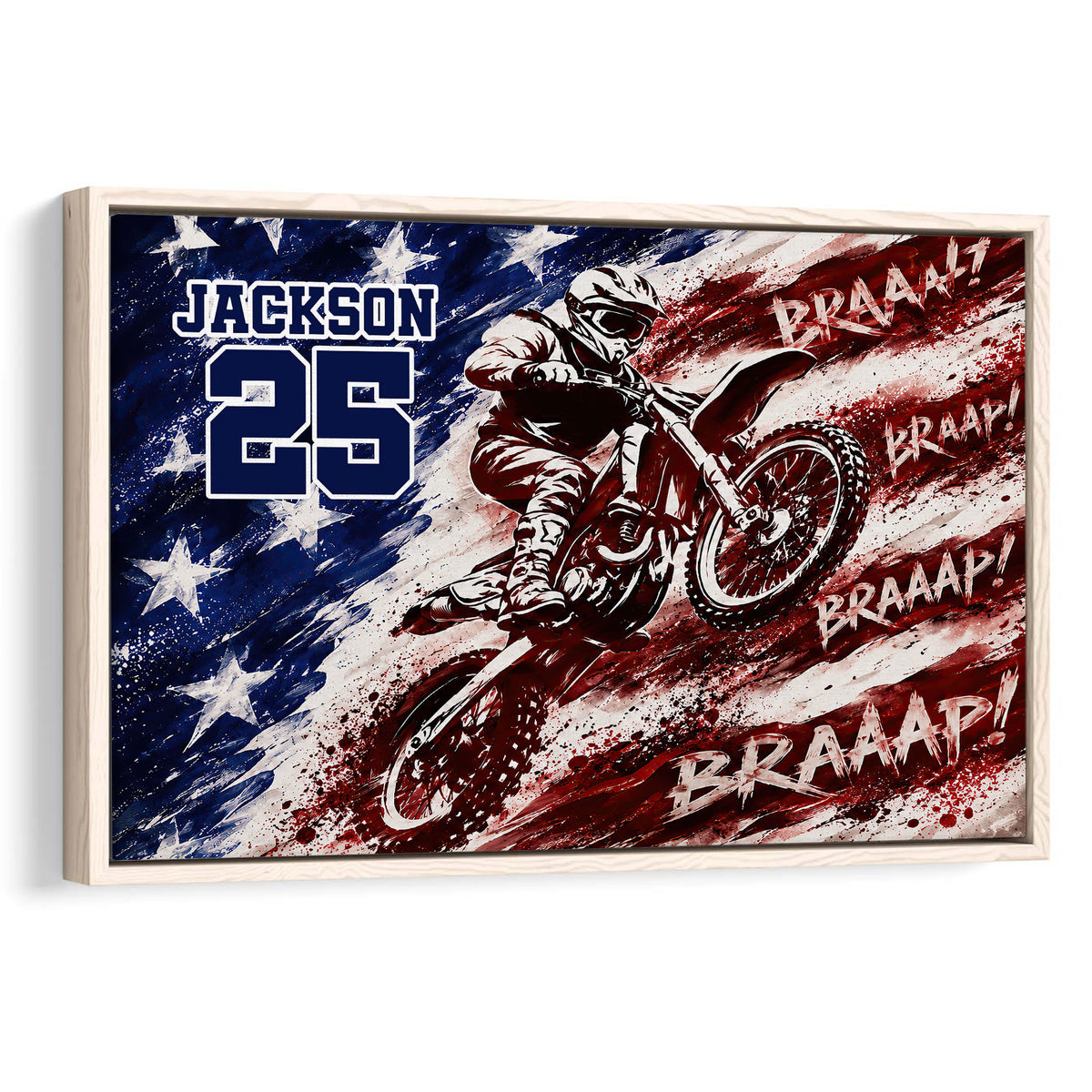 Framed motocross wall art with a dirt bike rider, bold navy and red artwork, and dramatic brushstroke styling