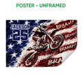 Unframed motocross poster showing a dirt bike rider against bold navy, white, and red brushstrokes