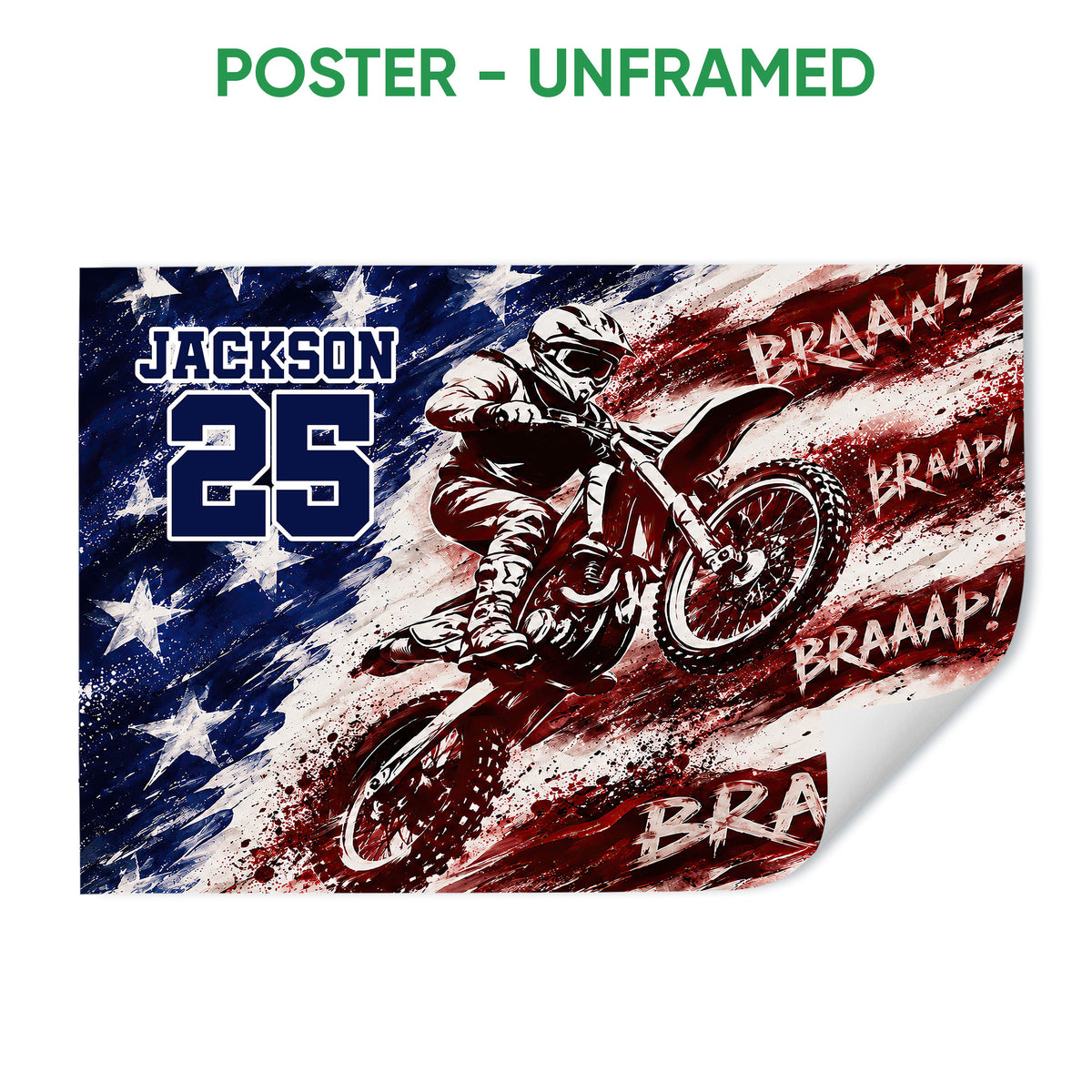 Unframed motocross poster showing a dirt bike rider against bold navy, white, and red brushstrokes