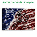 Matte canvas motocross wall art featuring a dirt bike rider and high-energy red, white, and navy artwork