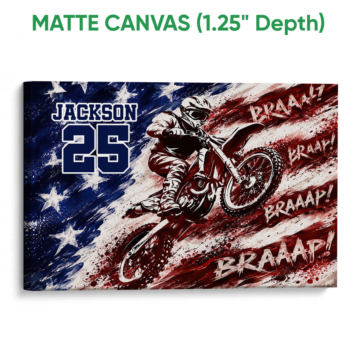 Matte canvas motocross wall art featuring a dirt bike rider and high-energy red, white, and navy artwork