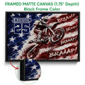 Black framed motocross canvas with a dirt bike rider and close-up view of the frame and artwork edge