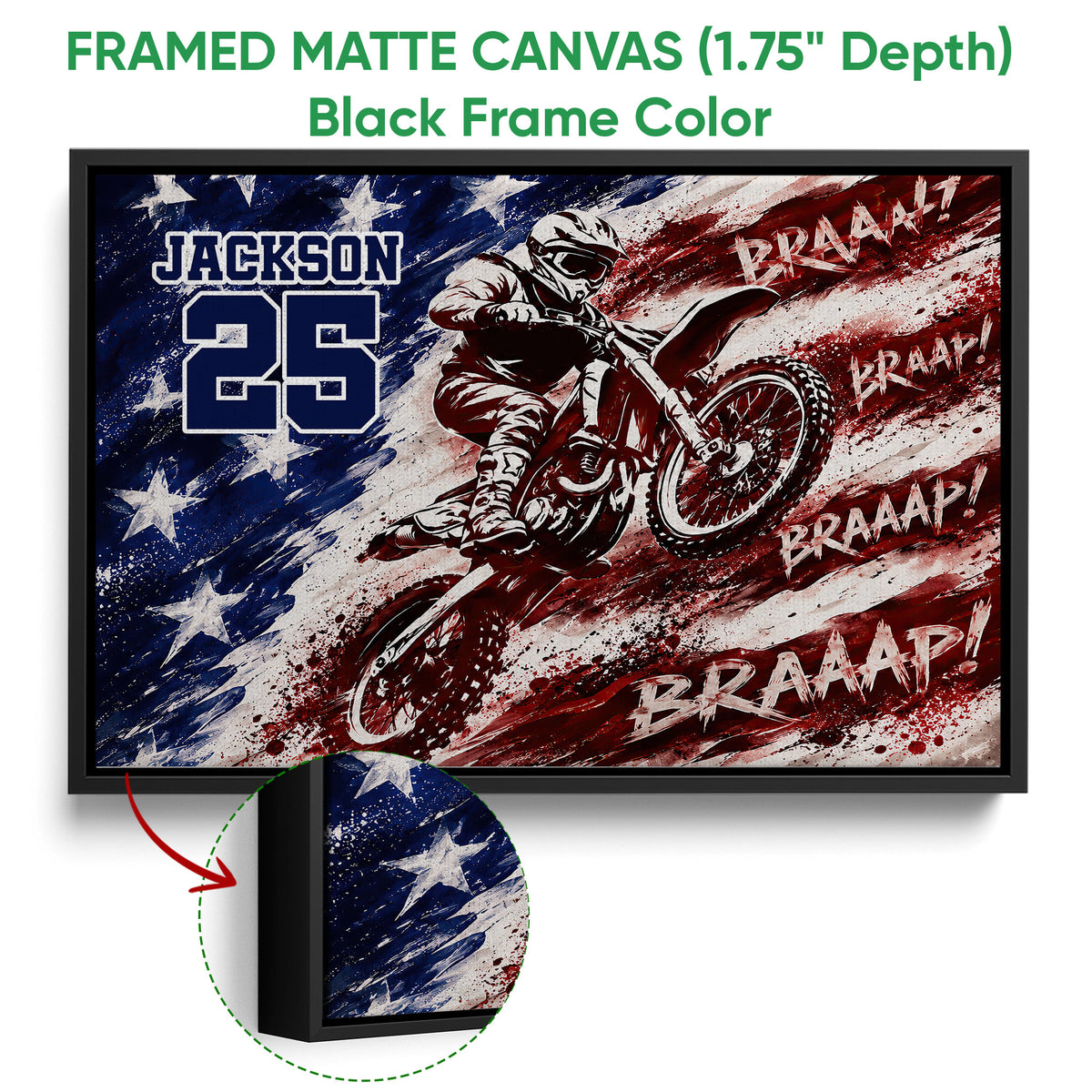 Black framed motocross canvas with a dirt bike rider and close-up view of the frame and artwork edge