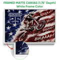White framed motocross canvas featuring a dirt bike rider with a close-up view of the frame edge