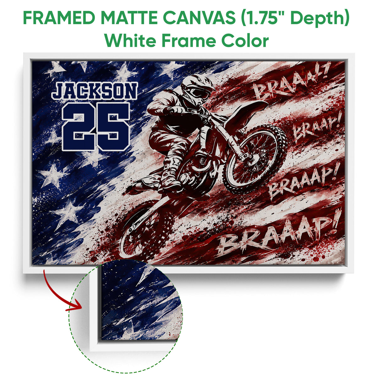 White framed motocross canvas featuring a dirt bike rider with a close-up view of the frame edge