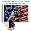 Natural wood framed motocross canvas showing a dirt bike rider and a close-up of the wood frame
