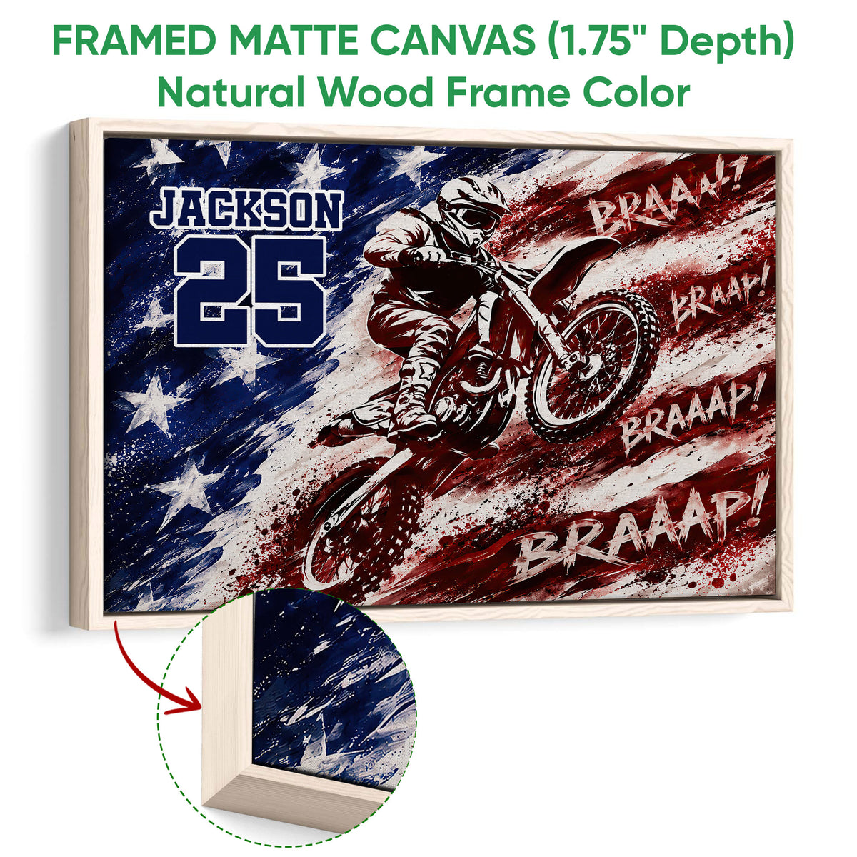 Natural wood framed motocross canvas showing a dirt bike rider and a close-up of the wood frame