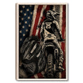 Framed motocross wall art showing a dirt bike rider against a distressed red, white and blue flag-inspired backdrop