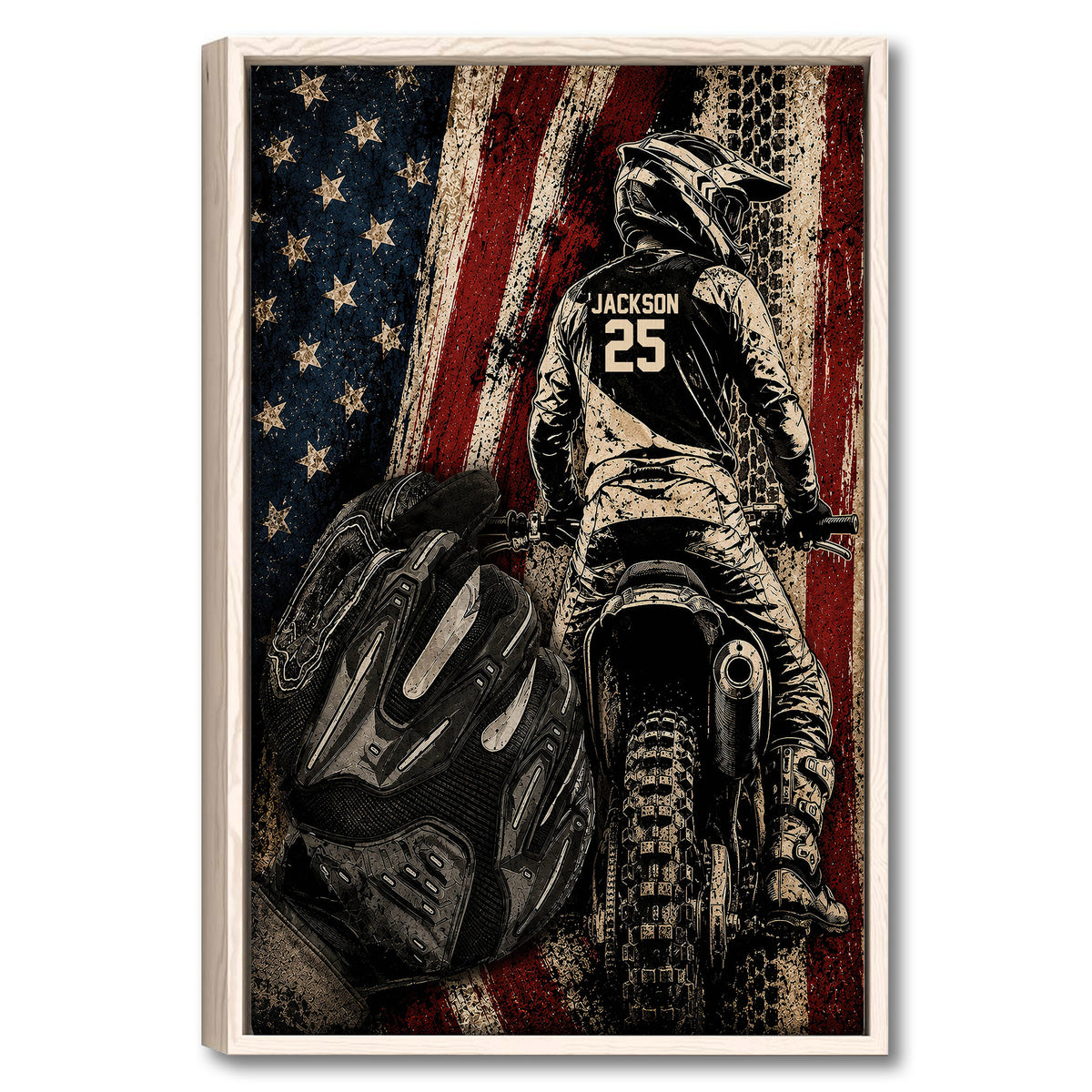Framed motocross wall art showing a dirt bike rider against a distressed red, white and blue flag-inspired backdrop