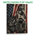 Matte canvas wall art displaying a motocross rider, dirt bike and dramatic red, white and blue background