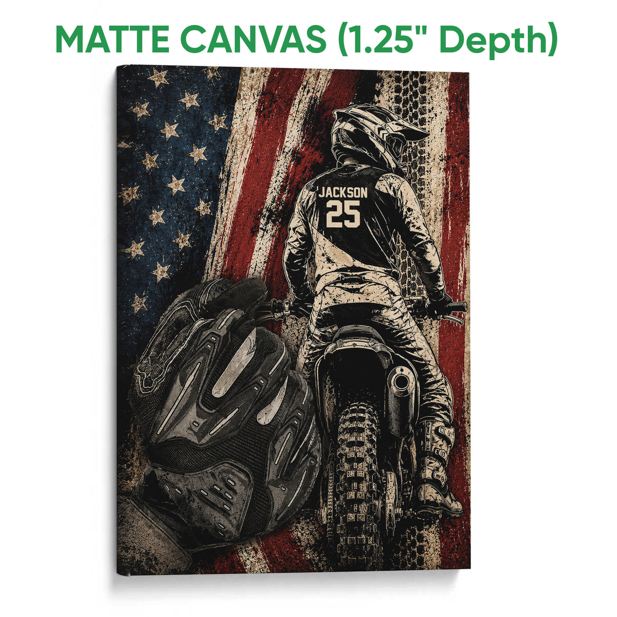 Matte canvas wall art displaying a motocross rider, dirt bike and dramatic red, white and blue background