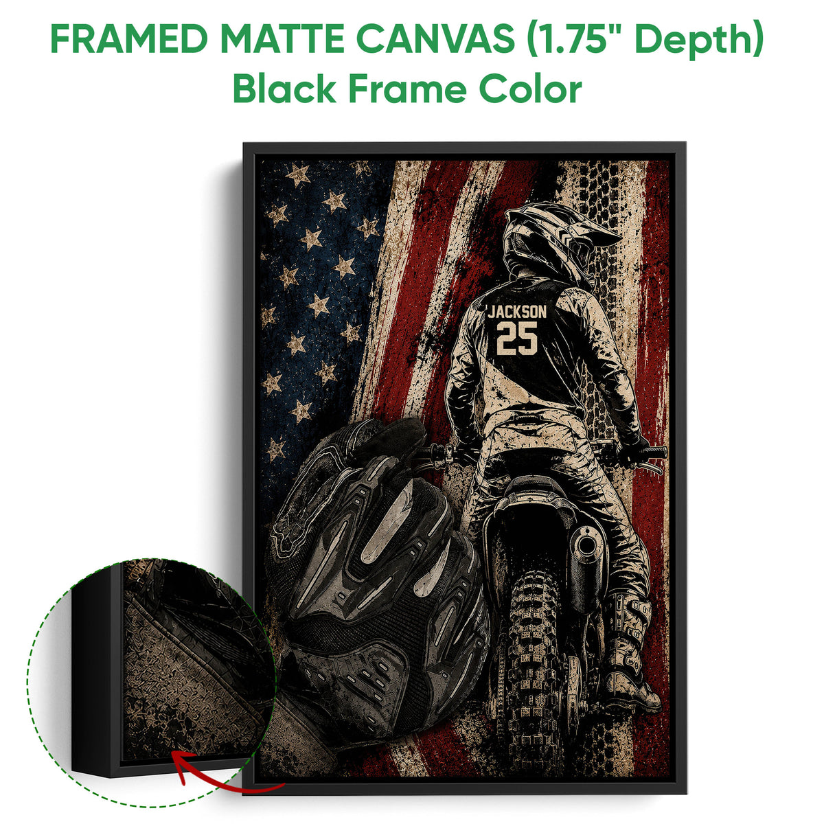 Black framed canvas wall art with a motocross rider and close-up detail of the textured artwork