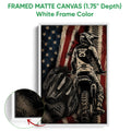 White framed motocross canvas wall art showing a dirt bike rider with a close-up view of the printed surface