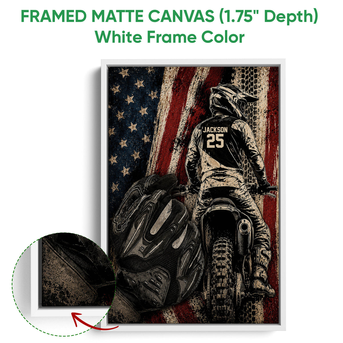 White framed motocross canvas wall art showing a dirt bike rider with a close-up view of the printed surface