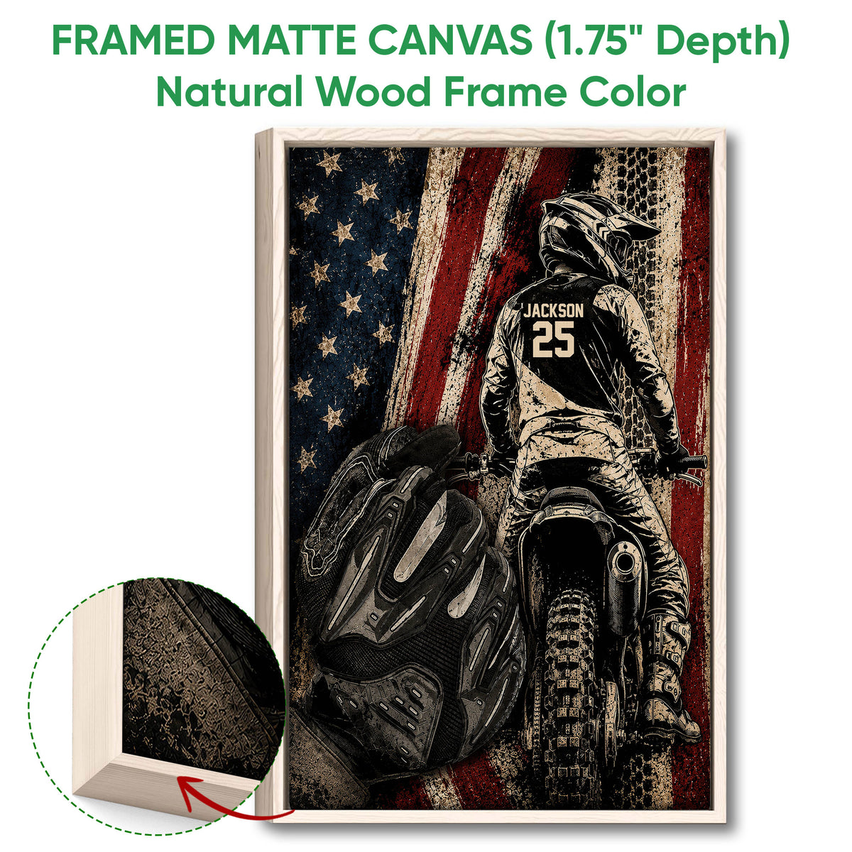 Natural wood framed motocross wall art featuring a dirt bike rider and detailed textured design