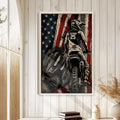 Motocross wall art displayed in a bright wood-paneled room above a small stack of books