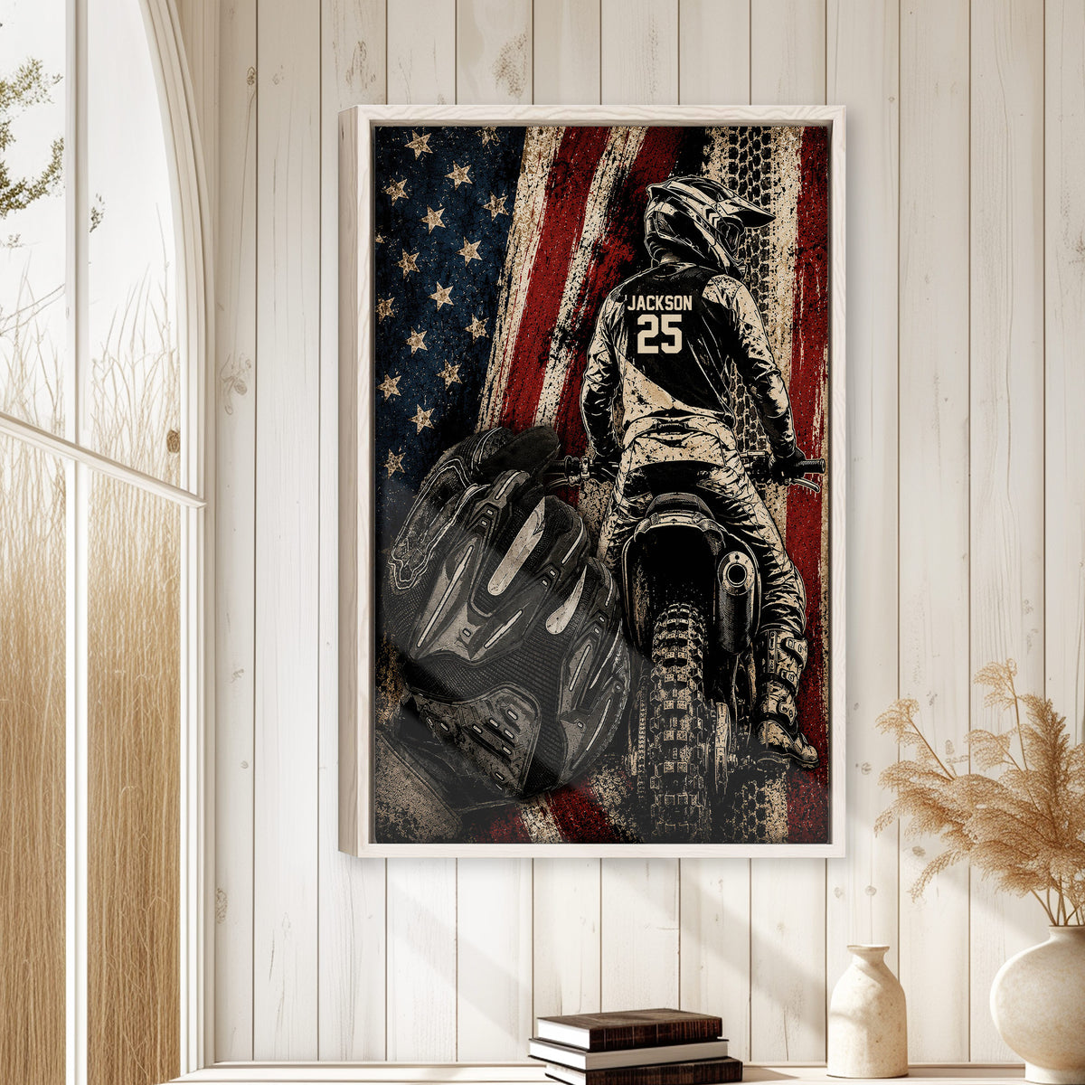 Motocross wall art displayed in a bright wood-paneled room above a small stack of books