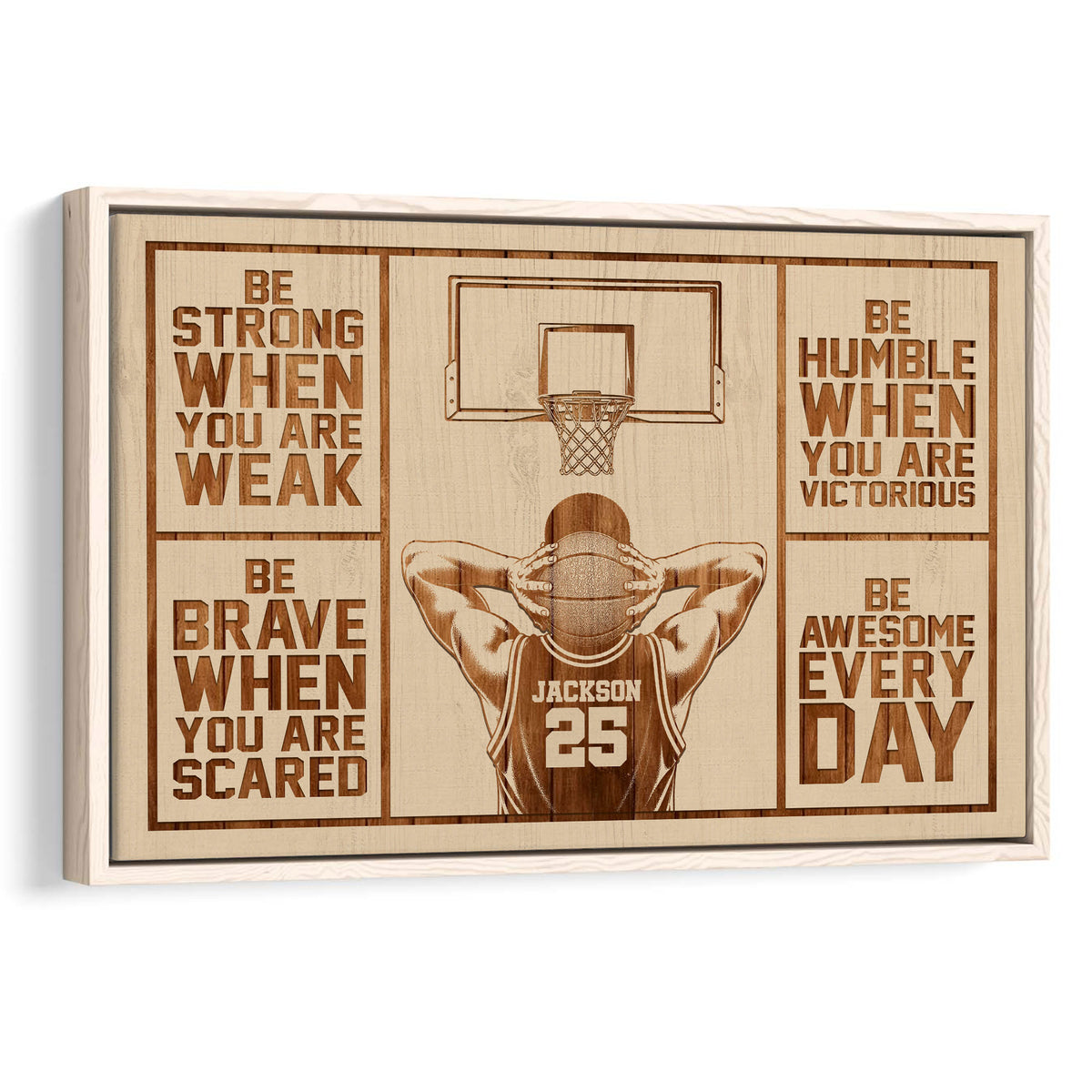 Framed basketball wall art with a player, hoop, and motivational sports design in warm wood tones